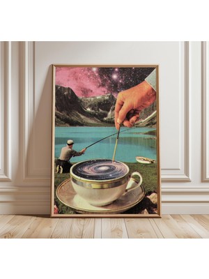Ninastore Sürreal Kahve Evreni Posteri Kozmik Kolaj Duvar Sanatı Rüya Gibi Galaksi Çay Fincanı Baskısı Retro S