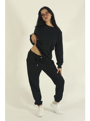 EYDAMOON Kadın Kışlık Içi Polar Eşofman Takımı Bisiklet Yaka Sweatshirt Jogger-Siyah Regular Lastikli Paça