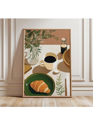 Ninastore Fransız Kahvaltısı Duvar Sanatı Kruvasan ve Kahve Posteri Minimalist Natürmort Baskı Modern Mutfak D