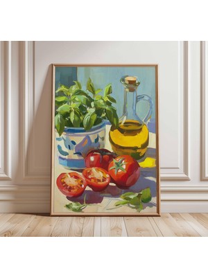 Ninastore Akdeniz Mutfağı Sanat Baskısı | Domates Fesleğen Zeytinyağı Posteri | Natürmort Yağlı Boya Tarzı Duv