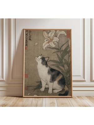 Ninastore Antika Japon Kedi Sanatı Baskısı, Alacalı Kedi ve Zambak Tablosu, Geleneksel Asya Duvar Sanatı, Anti