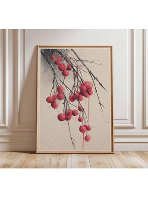 Ninastore Japon Kırmızı Meyve Posteri Suluboya Mürekkep Baskı Sanat Eseri Minimalist Doğa Duvar Sanatı Zen Bot