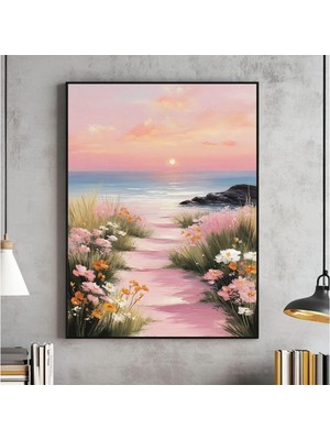 Ninastore Pembe Sahil Plajı Ilkbahar Çiçekleri Manzarası Duvar Tablosu Pembe Gökyüzü Okyanus Çiçekleri Deniz M