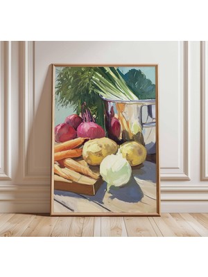 Ninastore Çiftlik Evi Mutfağı Posteri | Rustik Sebze Natürmort Sanat Baskısı | Yağlı Boya Tarzı Duvar Dekoru |