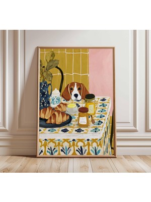 Ninastore Beagle Köpeği Sanat Baskısı Kahvaltı Masası Posteri Kruvasan ve Kahve Mutfak Duvar Sanatı Rahat Evci