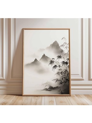 Ninastore Japon Dağ Sisi Posteri Zen Manzara Sanat Baskısı Siyah Beyaz Duvar Sanatı Minimalist Doğa Dekorasyon