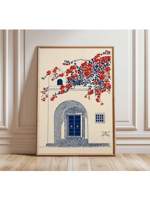 Ninastore Fas Mavisi Kapı Duvar Sanatı Baskısı Akdeniz Mimarisi Posteri Boho Seyahat Dekorasyonu Kırmızı Çiçek