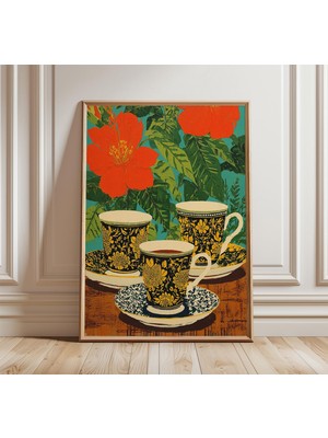 Ninastore Vintage Çay Fincanı Posteri Zarif Natürmort Sanat Baskısı Klasik Botanik Duvar Sanatı Geleneksel Ser
