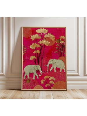 Ninastore Hint Fili Çiçek Desenli Bohem Duvar Sanatı Pembe ve Altın Oryantal Poster Egzotik Doğa Dekorasyonu K