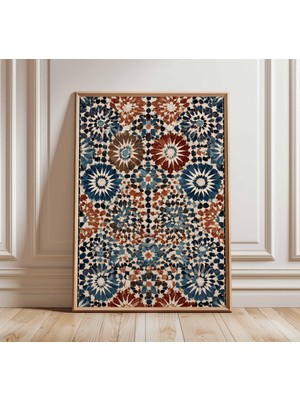 Ninastore Fas Mozaik Duvar Sanatı Baskısı Geometrik Desen Posteri Mavi ve Toprak Rengi Soyut Karo Tasarımı Boh