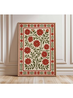 Ninastore Çiçekli Duvar Sanatı Baskısı Halk Sanatı Çiçek Posteri Kırmızı Botanik Sanat Eseri Vintage Tarzı Boh