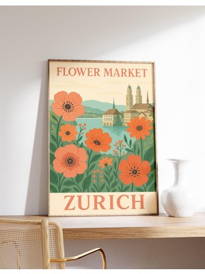 Ninastore Zürih Çiçek Pazarı Posteri Zürih Duvar Sanatı Zürih Seyahat Baskısı Isviçre Çiçek Dekorasyonu Zürih