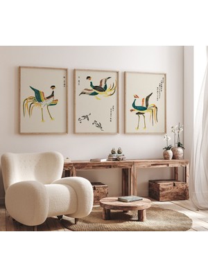 Ninastore 3'lü Japon Vintage Ahşap Baskı Seti, Turna Kuşu Figürü, Japon Ahşap Baskı Posteri, Japon Vintage Duv