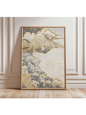 Ninastore Japon Bulut Posteri Altın ve Gri Sanat Baskısı Geleneksel Ahşap Baskı Tarzı Minimalist Gökyüzü Duvar