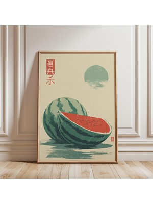 Ninastore Karpuz Posteri Japon Grafik Illüstrasyonu Yeşil, Kırmızı ve Bej Renklerde