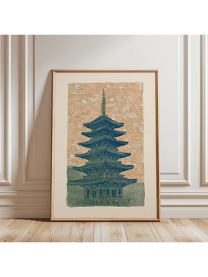 Ninastore Japon Pagoda Posteri Mavi Ahşap Baskı Tapınak Dağ Manzarası Sanatı