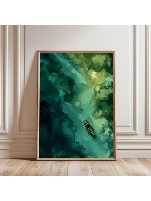 Ninastore Havadan Görünümlü Nehir Teknesi Posteri, Yeşil Suluboya Manzara Baskısı