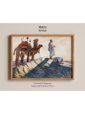 Ninastore Auguste Leroux'nun "dua Baskısı" Adlı Oryantal Suluboya Sanat Eseri, Deve Kervanı, Çöl Dua Sahnesi,