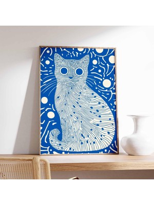 Ninastore Mavi Soyut Kedi Duvar Sanatı Baskısı Modern Hayvan Posteri Çağdaş Çizgi Sanatı Minimalist Kedi Dekor