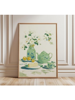 Ninastore Çiçekli Çay Seti Duvar Sanatı Botanik Mutfak Posteri Vintage Bitki Baskısı Yeşil Bitki Illüstrasyonu