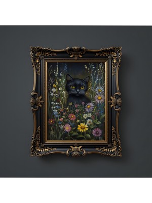 Ninastore Koyu Çiçekli Siyah Kedi Baskısı Çiçekli Kedi Vintage Poster Koyu Akademi Dekor Koyu Kır Evi Dekoru G