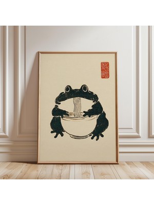 Ninastore Japon Kurbağası ve Ramen Mürekkep Baskı Ahşap Baskı Tarzı Illüstrasyon