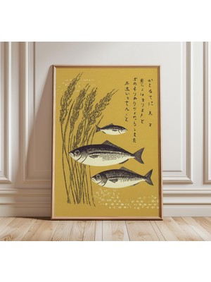 Ninastore Japon Balık ve Pirinç Baskılı Minimalist Mutfak Duvar Sanatı Vintage Ukiyo-E Tarzı Poster Hardal Sar