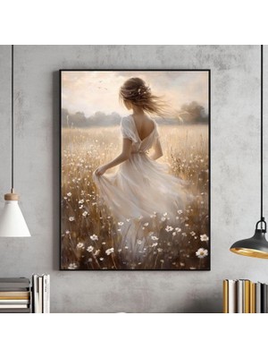 Ninastore Çiçek Tarlasında Kız Duvar Sanatı Vintage Tablo Kır Evi Tarzı Çiftlik Evi Sanat Baskısı Yağlı Boya D