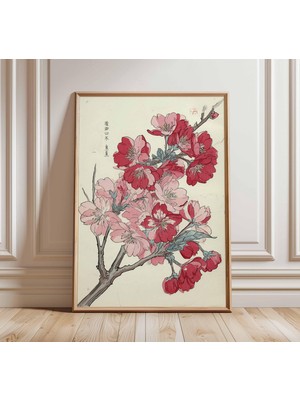Ninastore Japon Kiraz Çiçeği Duvar Sanatı Baskısı Kırmızı ve Pembe Sakura Botanik Posteri Vintage Japon Çiçek