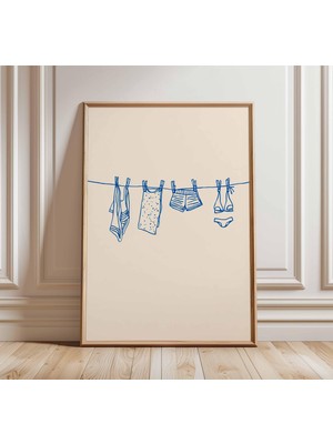 Ninastore Çamaşır Ipi Duvar Sanatı Baskısı Minimalist Çamaşır Posteri Sahil Yazı Sanat Eseri Basit Mavi Çizgi