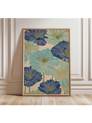 Ninastore Mavi Çiçekli Duvar Sanatı | Modern Botanik Baskı | Soyut Çiçek Posteri | Japon Esintili Ev Dekorasyo