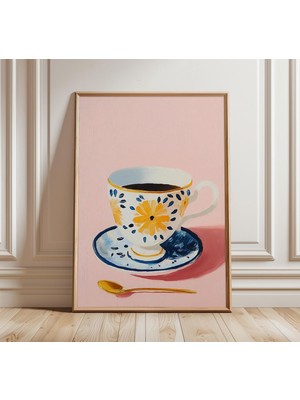 Ninastore Çiçekli Kahve Fincanı Sanat Baskısı, Mutfak Için Modern Natürmort Poster, Pembe ve Mavi Duvar Sanatı