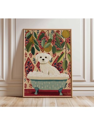 Ninastore Köpek Duvar Sanatı Baskısı, Küvette Şirin Yavru Köpek Posteri, Bitkiler ve Kırmızı Arka Planlı Renkl