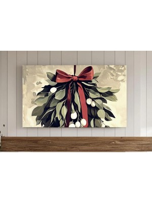 Ninastore Kırmızı Kurdeleli Ökseotu Noel Çerçevesi Tv Sanatı | Vintage Tarzı Natürmort Tablo | Nötr Organik Ye