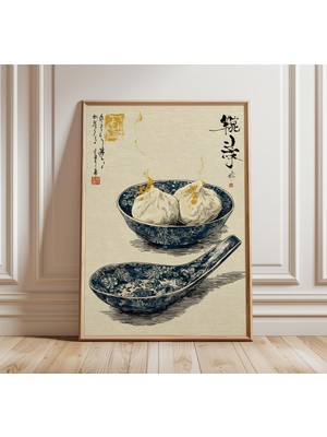 Ninastore Japon Mantı Kasesi Sanat Baskısı Mavi Porselen Mutfak Posteri Geleneksel Yemek Illüstrasyonu Asya Du