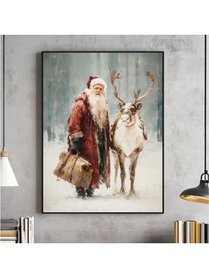 Ninastore Vintage Noel Baba ve Ren Geyiği Baskılı Karlı Orman Kır Evi Tarzı Noel (Dijital Indirme)