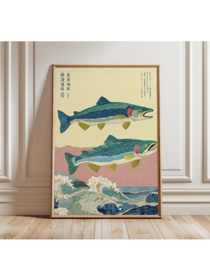 Ninastore Japon Somon Balığı Dalga Baskısı Retro Sahil Duvar Sanatı Vintage Asya Posteri Orta Çağ Denizcilik D