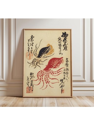 Ninastore Japon Ahtapotu Sanat Baskısı | Minimalist Deniz Temalı Duvar Sanatı | Vintage Ukiyo-E Tarzı Deniz Ca