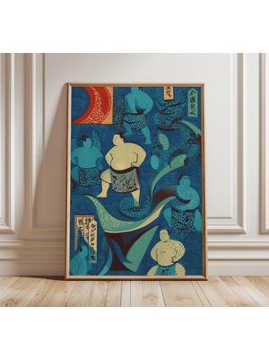 Ninastore Sumo Güreşçileri Japon Sanat Baskısı Çivit Mavisi Tekstil Poster Geleneksel Ukiyo-E Tarzı Duvar Sana
