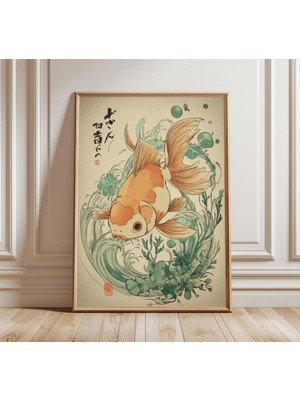 Ninastore Japon Altın Balığı Duvar Sanatı Koi Balığı Suluboya Baskı Asya Mürekkep Posteri Huzurlu Su Dekorasyo