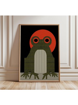 Ninastore Minimalist Kurbağa Posteri Soyut Geometrik Duvar Sanatı Kırmızı Gözler Modern Tasarım Siyah ve Krem