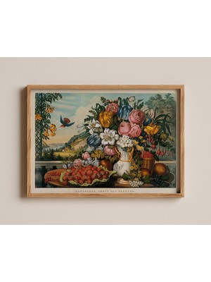 Ninastore Meyve ve Çiçek Baskısı, Currier & Ives Vintage Baskı, Botanik Manzara Sanatı, Natürmort Çiçekli Post