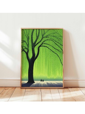 Ninastore Dev Yeşil Ağaç Posteri, Huzurlu Doğa Duvar Sanatı Baskısı, Sakin Manzara Illüstrasyonu, Yatak Odası