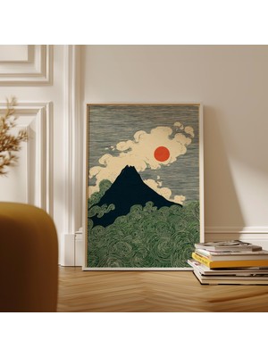 Ninastore Japon Dağ Posteri Yeşil Ahşap Baskı Manzara, Bulutlar ve Güneş