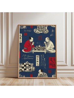 Ninastore Japon Shogi Oyuncuları Posteri (Ahşap Baskı Tarzı, Lacivert ve Kırmızı)