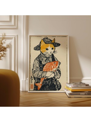 Ninastore Kedi Balıkçı Posteri Japon Ahşap Baskı Tarzı Baskı