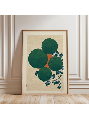 Ninastore Yeşil ve Toprak Tonlarında Bauhaus Japon Çizgi Sanatı Tarzında Botanik Poster.