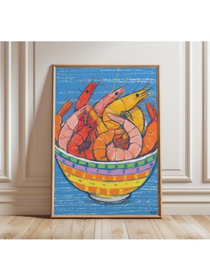Ninastore Renkli Karides Kasesi Duvar Sanatı Sahil Mutfağı Baskısı Cesur Guaj Yemek Posteri Deniz Mavisi Dekor