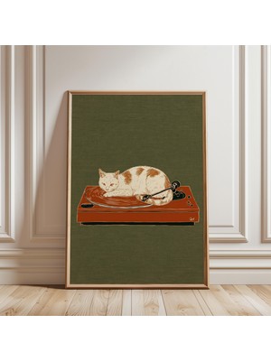 Ninastore Döner Tabla Üzerinde Kedi Baskılı Retro Illüstrasyon, Yeşil ve Turuncu Tonlarında
