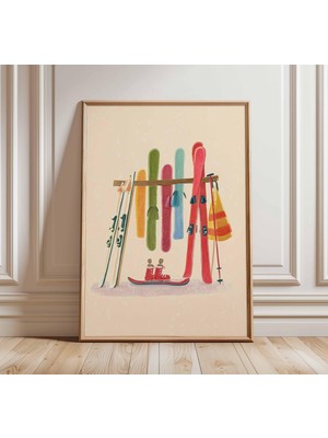 Ninastore Kayak Evi Duvar Sanatı | Vintage Kış Sporları Posteri | Renkli Kayak Ekipmanları Baskısı | Alp Dağ E